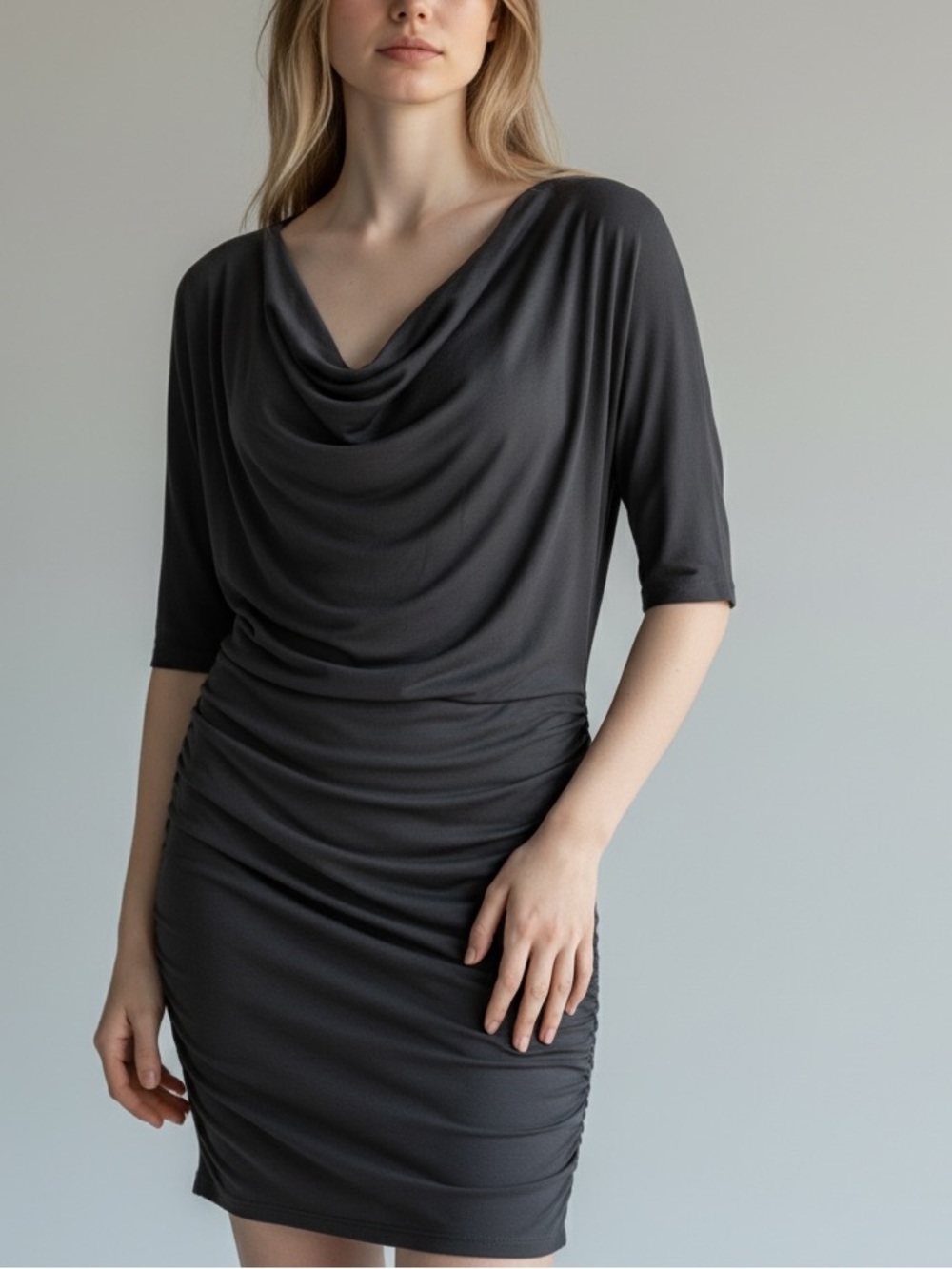 Alice + Olivia BASE Gray Draped Cowl Neck Bodycon Dress M NWT